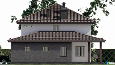 Проект двухэтажного дома 13 на 16, площадью 250 м² с террасой, гаражом на 1 машину и 4 спальнями — фасад 5
