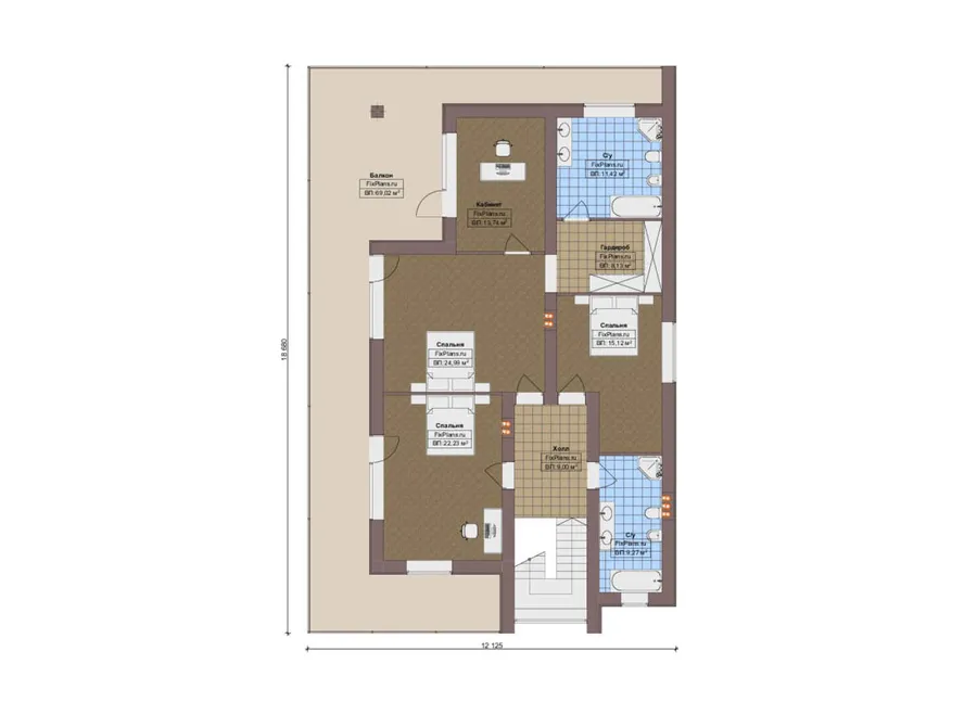 Проект двухэтажного дома 13 на 19, площадью 400 м² с террасой, балконом и 5 спальнями — 1-й этаж