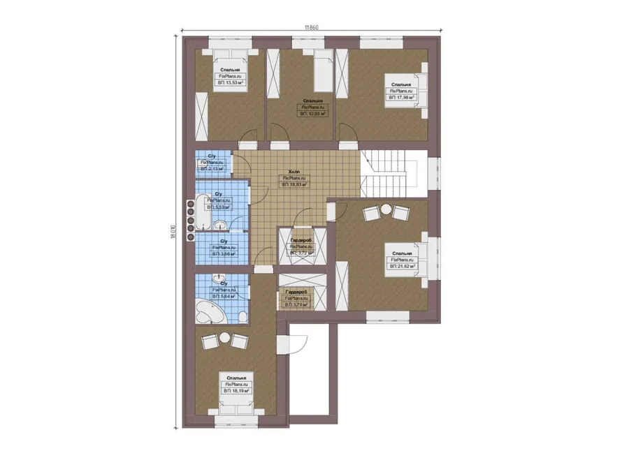 Проект двухэтажного дома 16 на 19, площадью 340 м² с террасой, гаражом на 2 машины и 5 спальнями — 2-й этаж