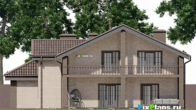 Проект дома с мансардой 15 на 16, площадью 260 м² с террасой, балконом, гаражом на 2 машины и 5 спальнями — фасад 6
