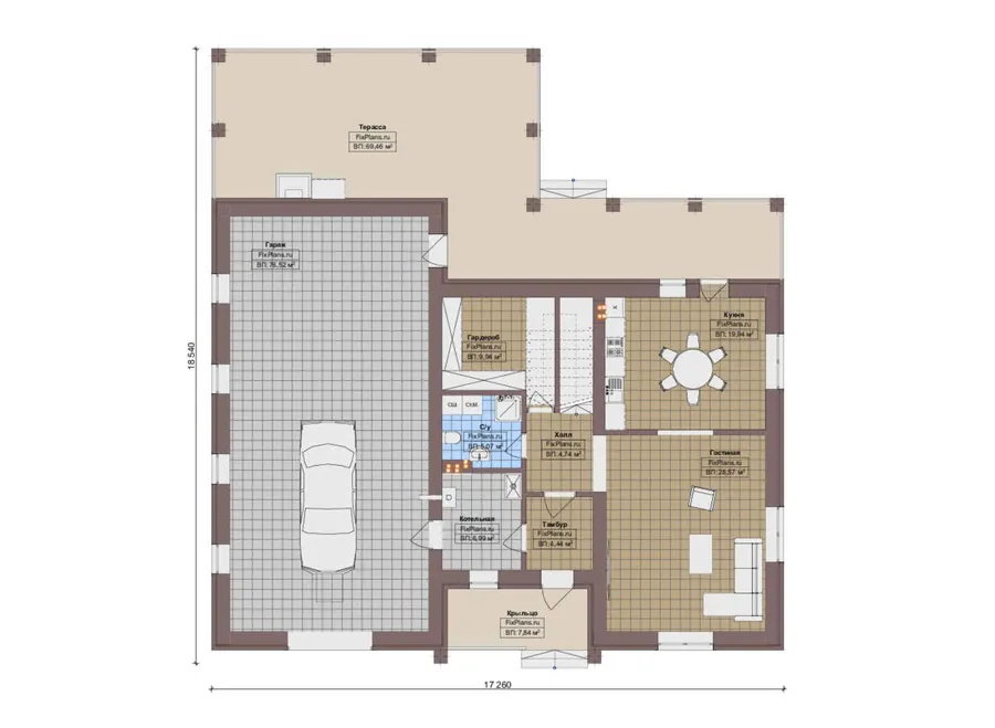 Проект двухэтажного дома 18 на 19, площадью 320 м² с террасой, гаражом на 2 машины и 3 спальнями — 1-й этаж