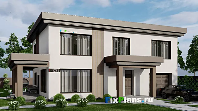 Проект двухэтажного дома 13 на 17, площадью 270 м² с террасой, гаражом на 1 машину и 4 спальнями