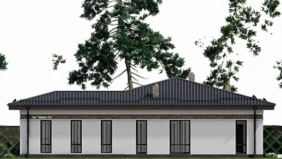 Проект одноэтажного дома 16 на 18, площадью 180 м² с террасой, баней, гаражом на 1 машину и 2 спальнями — фасад 5