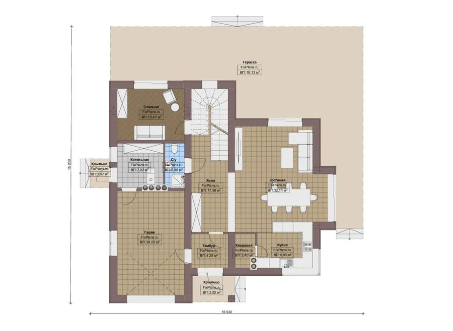Проект дома с мансардой 16 на 17, площадью 300 м² с террасой, балконом, гаражом на 1 машину и 4 спальнями — 1-й этаж