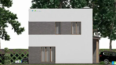 Проект двухэтажного дома 14 на 14, площадью 240 м² с террасой, балконом, гаражом на 1 машину и 3 спальнями — фасад 4