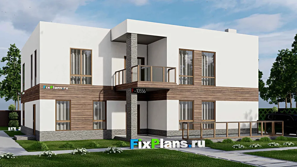 Проект двухэтажного дома 18 на 19, площадью 360 м² с террасой, балконом и 5 спальнями — фасад 1