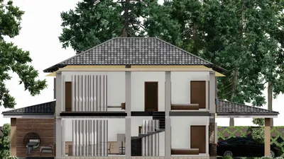 Проект двухэтажного дома 17 на 17, площадью 220 м² с террасой, гаражом на 1 машину и 4 спальнями — фасад 4