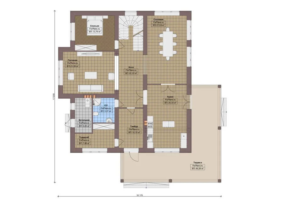 Проект двухэтажного дома 17 на 18, площадью 330 м² с террасой, балконом и 5 спальнями — 1-й этаж