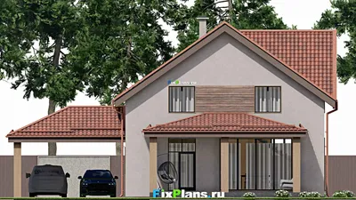 Проект дома с мансардой 11 на 11, площадью 250 м² с террасой, навесом для машины и 5 спальнями — фасад 6
