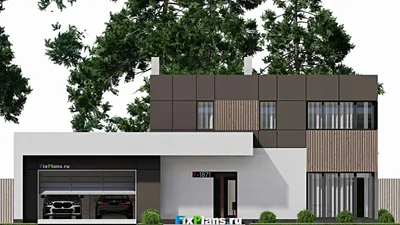 Проект двухэтажного дома 11 на 19, площадью 230 м² с террасой, балконом, гаражом на 2 машины и 4 спальнями — фасад 3