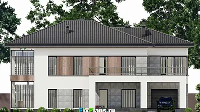 Проект двухэтажного дома 15 на 20, площадью 460 м² с балконом, гаражом на 1 машину, спортзалом и 1 спальнями — фасад 3
