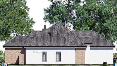 Проект одноэтажного дома 17 на 21, площадью 220 м² с террасой, гаражом на 2 машины и 3 спальнями — фасад 4