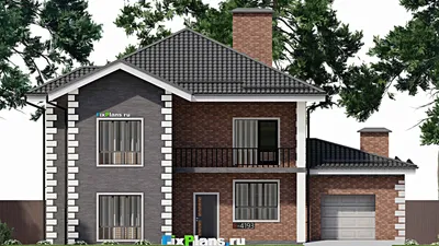 Проект двухэтажного дома 14 на 17, площадью 280 м² с террасой, балконом, гаражом на 1 машину и 4 спальнями — фасад 3