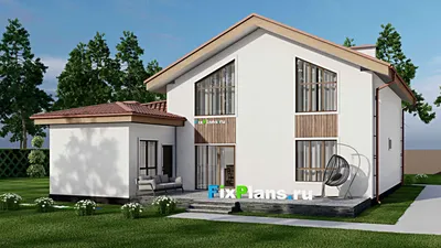 Проект дома с мансардой 14 на 16, площадью 260 м² с террасой, баней и 3 спальнями — фасад 2