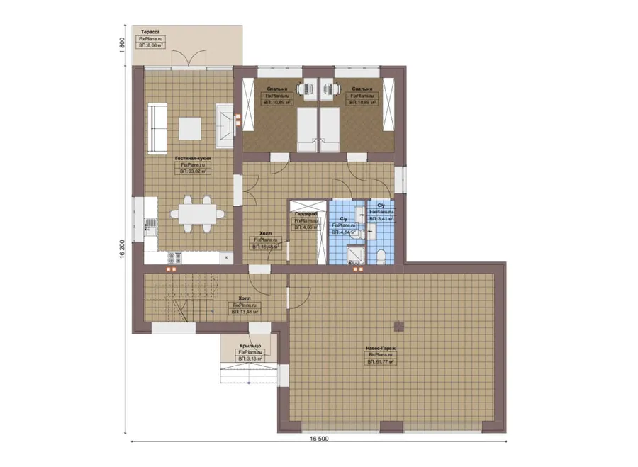 Проект двухэтажного дома 17 на 17, площадью 290 м² с террасой, балконом, гаражом на 2 машины и 7 спальнями — 1-й этаж