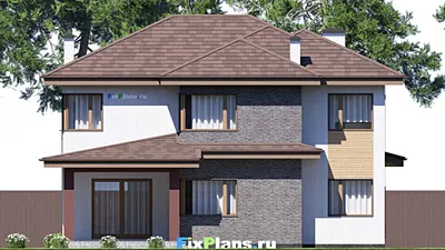 Проект двухэтажного дома 13 на 21, площадью 280 м² с террасой, балконом, баней, гаражом на 2 машины и 3 спальнями — фасад 6