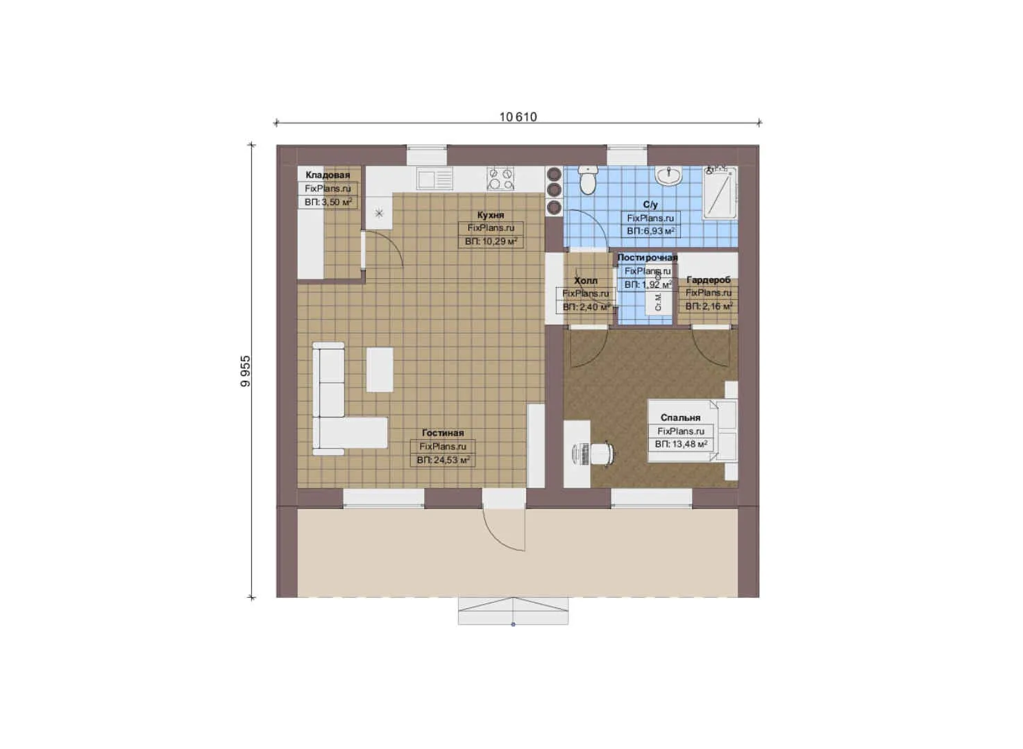 F-17522 - План одноэтажного дома 10 на 11, площадью 90 м² с 1 спальнями