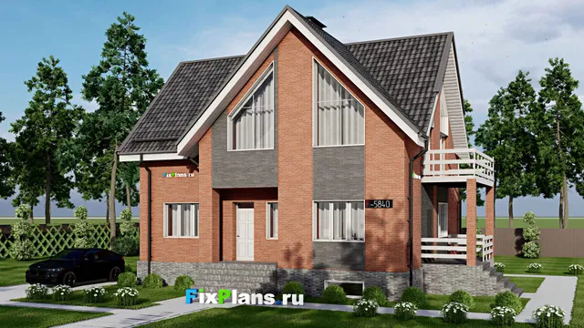 Проект дома с мансардой 11 на 13, площадью 270 м² с террасой, балконом, цокольным этажом и 6 спальнями