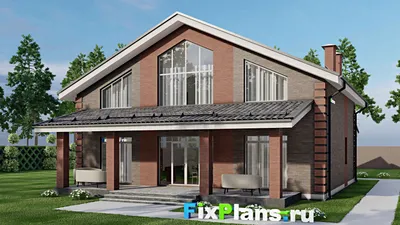 Проект дома с мансардой 14 на 14, площадью 250 м² с террасой, гаражом на 1 машину и 3 спальнями — фасад 2