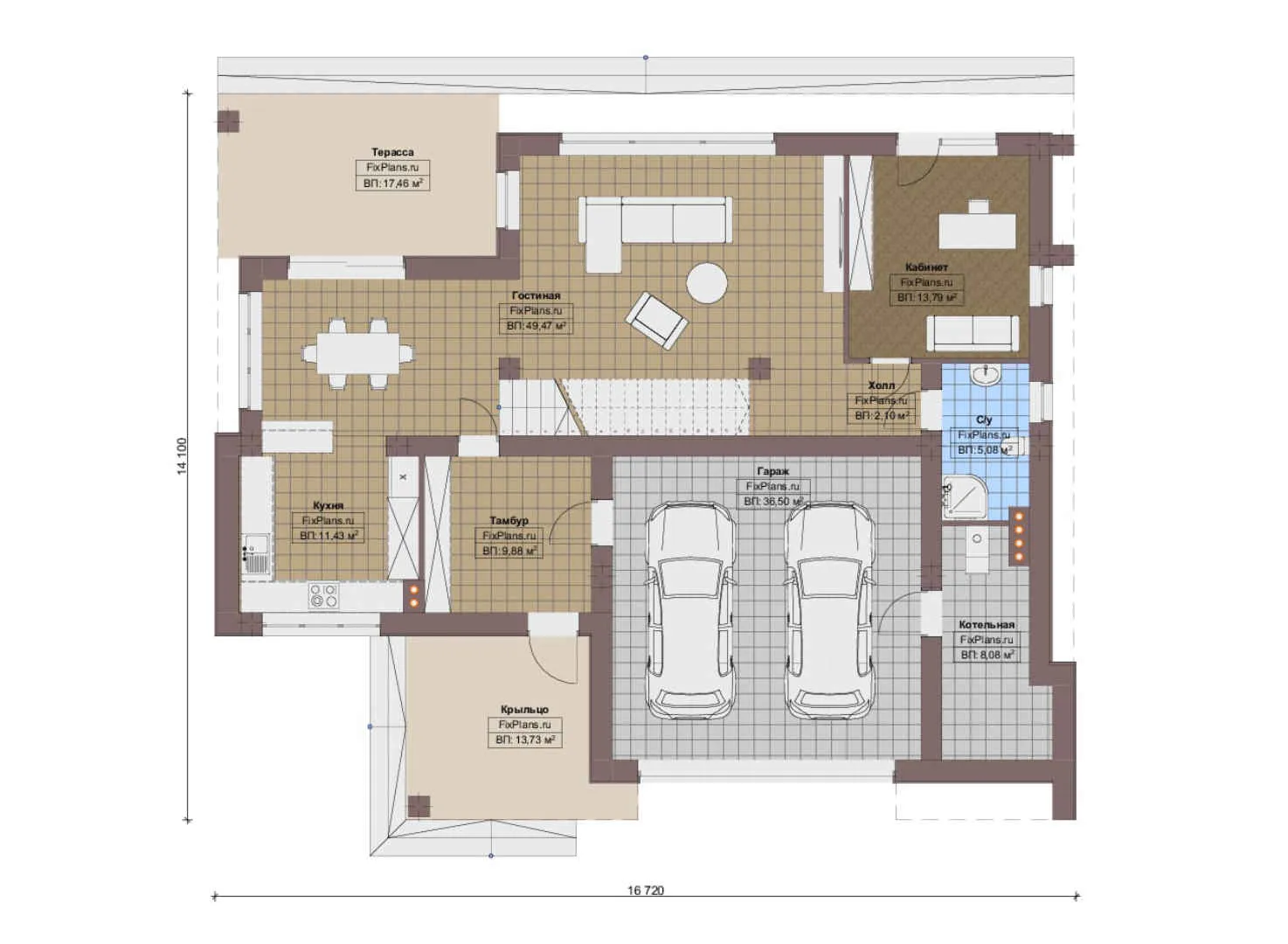 F-16163 - Планы двухэтажного дома 15 на 17, площадью 320 м² с террасой, балконом, гаражом на 2 машины и 4 спальнями