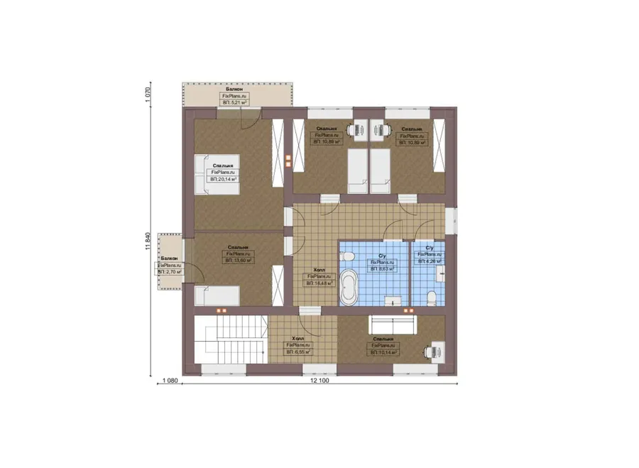 Проект двухэтажного дома 17 на 17, площадью 290 м² с террасой, балконом, гаражом на 2 машины и 7 спальнями — 2-й этаж