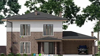 Проект двухэтажного дома 16 на 18, площадью 250 м² с террасой, баней, гаражом на 2 машины и 4 спальнями — фасад 3