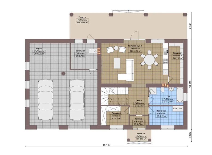 Проект двухэтажного дома 11 на 19, площадью 350 м² с террасой, балконом, гаражом на 2 машины и 4 спальнями — 1-й этаж
