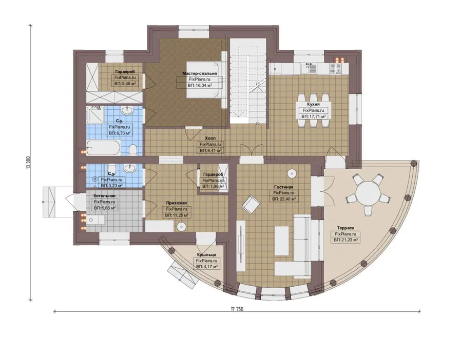 Проект двухэтажного дома 14 на 18, площадью 250 м² с террасой, балконом и 5 спальнями — 1-й этаж