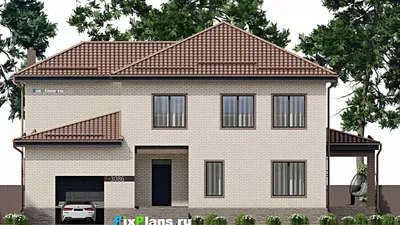 Проект двухэтажного дома 17 на 18, площадью 410 м² с террасой, цокольным этажом, баней, гаражом на 1 машину и 5 спальнями — фасад 3