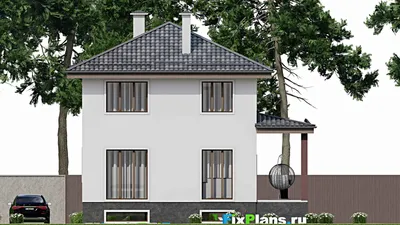 Проект двухэтажного дома 11 на 11, площадью 190 м² с террасой, цокольным этажом и 5 спальнями — фасад 6