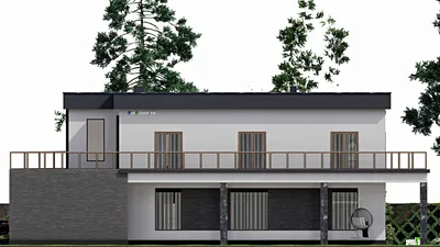 Проект двухэтажного дома 14 на 24, площадью 440 м² с террасой, балконом, гаражом на 2 машины и 6 спальнями — фасад 5