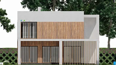 Проект двухэтажного дома 12 на 14, площадью 250 м² с террасой, балконом, баней, спортзалом и 2 спальнями — фасад 4