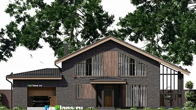 Проект дома с мансардой 13 на 18, площадью 230 м² с террасой, балконом, баней, гаражом на 1 машину и 3 спальнями — фасад 3