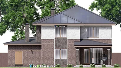 Проект двухэтажного дома 17 на 17, площадью 260 м² с террасой, гаражом на 1 машину и 4 спальнями — фасад 6
