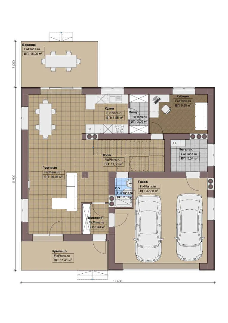 Проект двухэтажного дома 12 на 13, площадью 220 м² с террасой, гаражом на 1 машину и 4 спальнями — 1-й этаж
