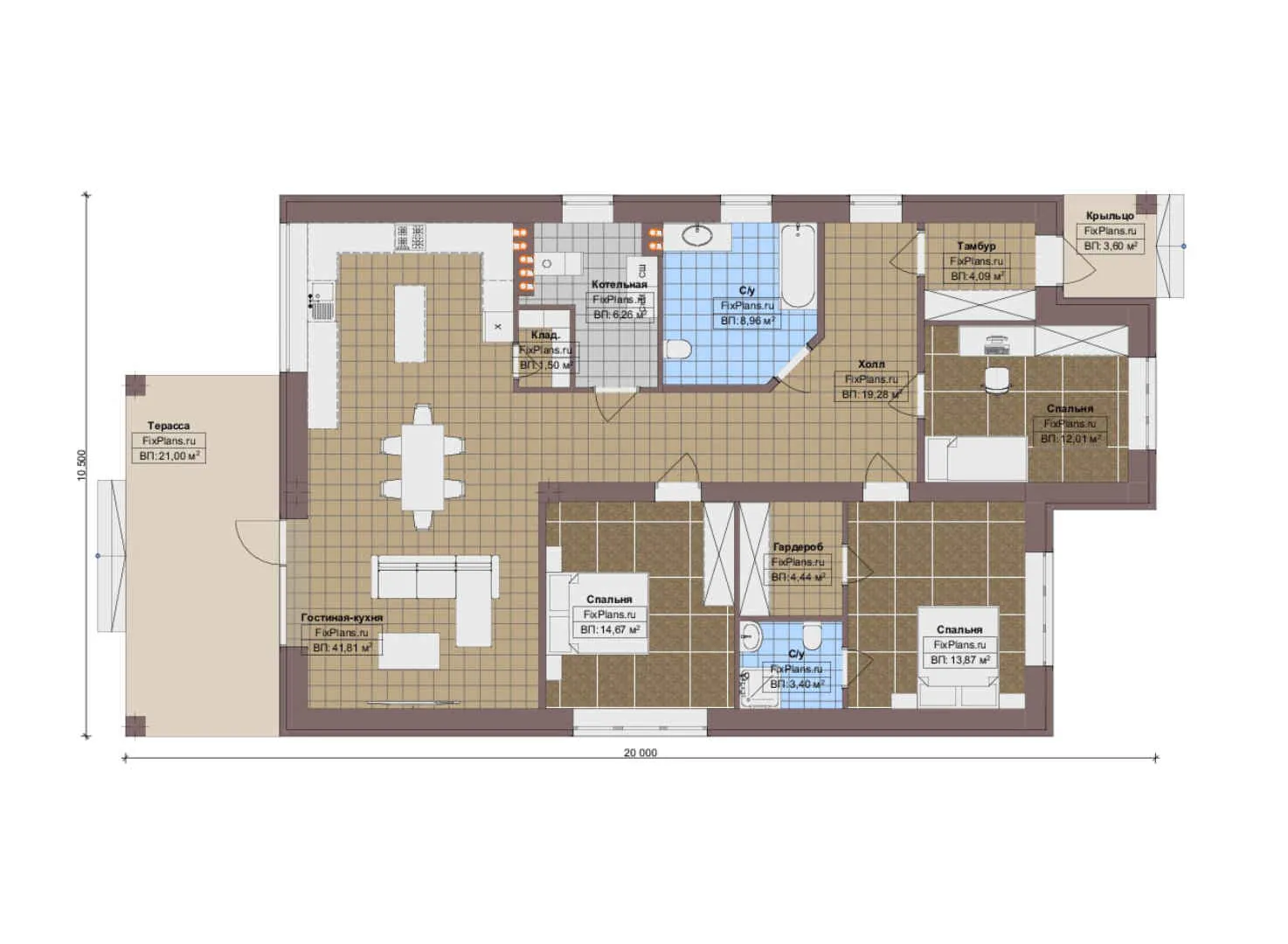 F-13400 - План одноэтажного дома 11 на 20, площадью 160 м² с террасой и 3 спальнями