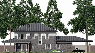 Проект двухэтажного дома 12 на 28, площадью 270 м² с террасой, баней, гаражом на 1 машину и 5 спальнями — фасад 6