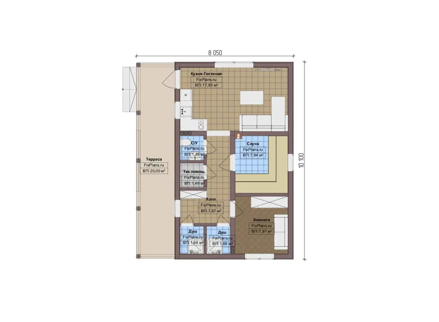 Проект бани 9 на 11, площадью 70 м² с терассой и санузлом — 1-й этаж