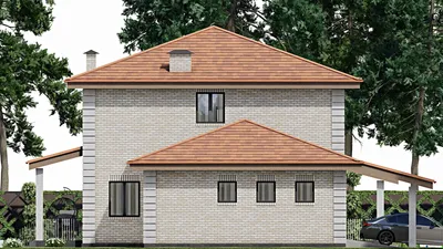 Проект двухэтажного дома 15 на 19, площадью 260 м² с террасой, гаражом на 1 машину и 4 спальнями — фасад 4