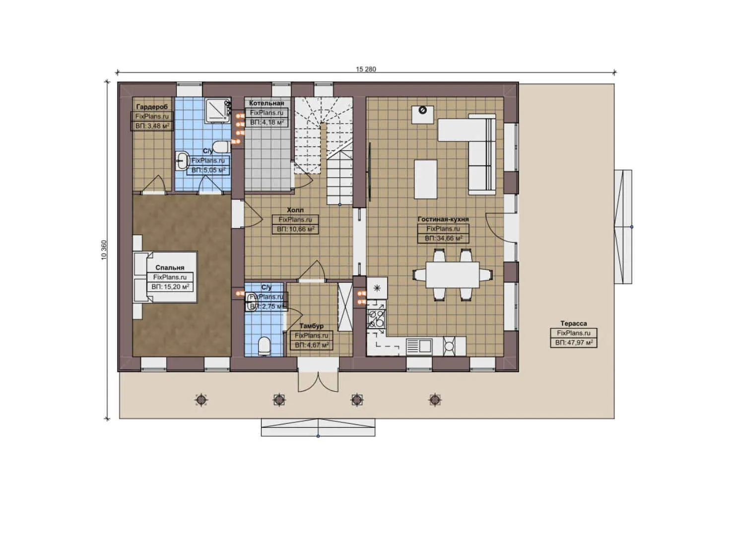 F-9071 - Планы дома с мансардой 11 на 16, площадью 260 м² с террасой и 2 спальнями