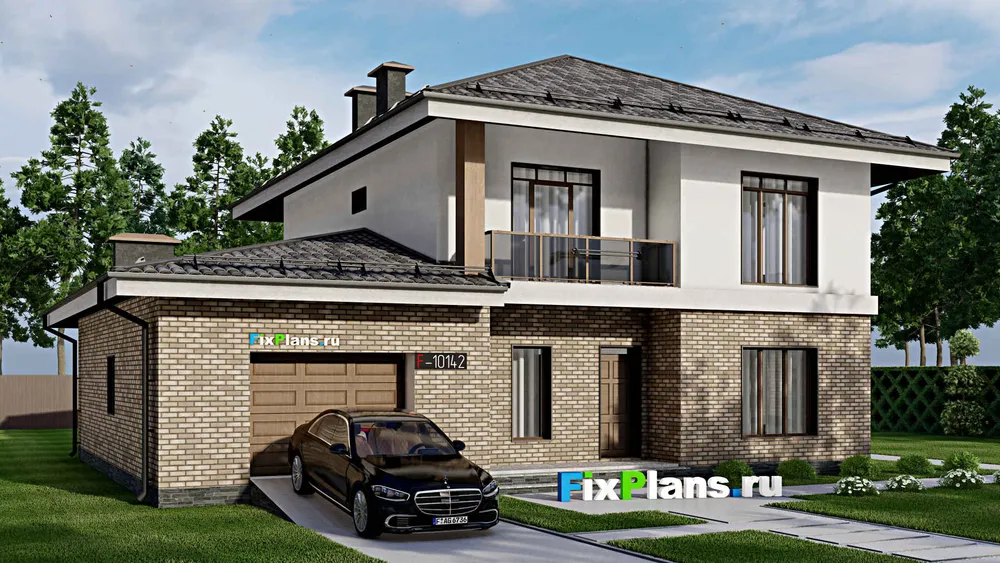 Проект двухэтажного дома 15 на 17, площадью 250 м² с террасой, балконом, гаражом на 2 машины и 4 спальнями — фасад 1