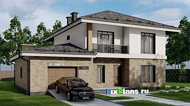 Проект двухэтажного дома 15 на 17, площадью 250 м² с террасой, балконом, гаражом на 2 машины и 4 спальнями