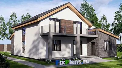 Проект дома с мансардой 14 на 16, площадью 270 м² с террасой, балконом, гаражом на 1 машину и 4 спальнями — фасад 2
