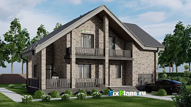 Проект дома с мансардой 13 на 14, площадью 250 м² с террасой, балконом, гаражом на 1 машину, спортзалом и 4 спальнями