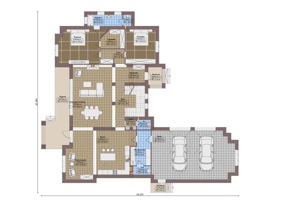 Проект дома с мансардой 23 на 25, площадью 340 м² с террасой, гаражом на 2 машины и 4 спальнями — 1-й этаж