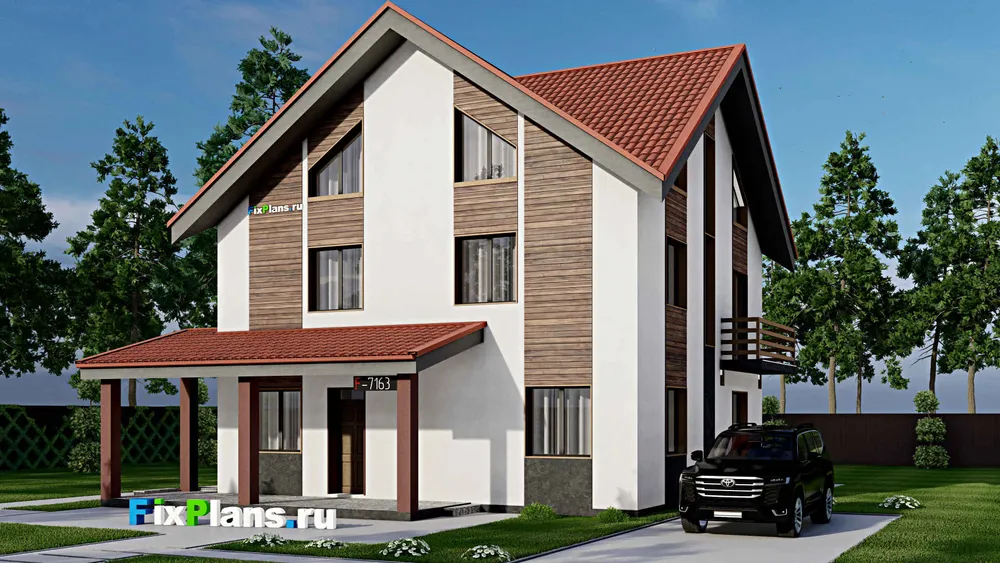 Проект двухэтажного дома с мансардой 12 на 14, площадью 280 м² с террасой, балконом и 4 спальнями — фасад 1