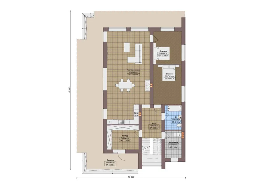 Проект двухэтажного дома 13 на 19, площадью 400 м² с террасой, балконом и 5 спальнями — 2-й этаж