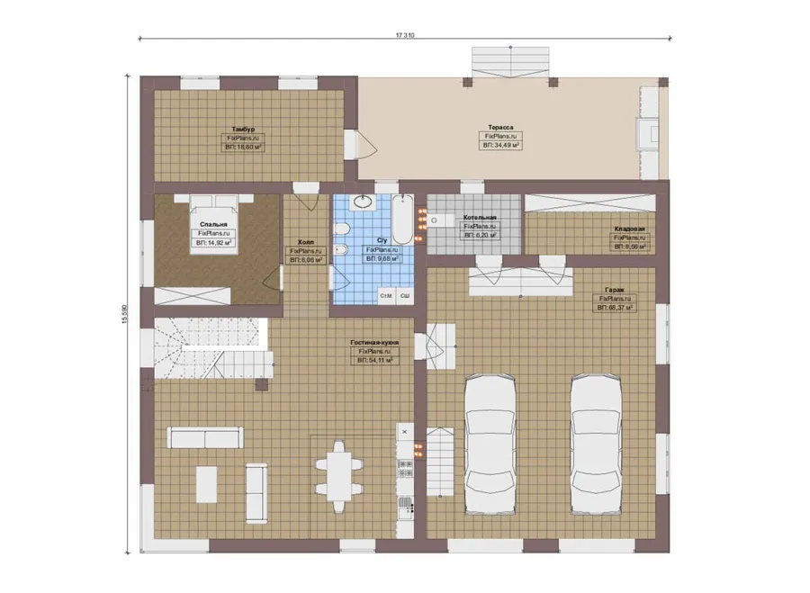 Проект двухэтажного дома 16 на 18, площадью 410 м² с террасой, балконом, гаражом на 2 машины и 4 спальнями — 1-й этаж