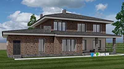 Проект двухэтажного дома 15 на 20, площадью 540 м² с террасой, гаражом на 2 машины и 8 спальнями — фасад 2