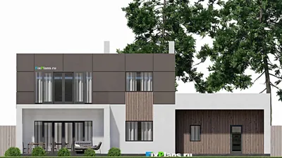 Проект двухэтажного дома 11 на 19, площадью 230 м² с террасой, балконом, гаражом на 2 машины и 4 спальнями — фасад 4